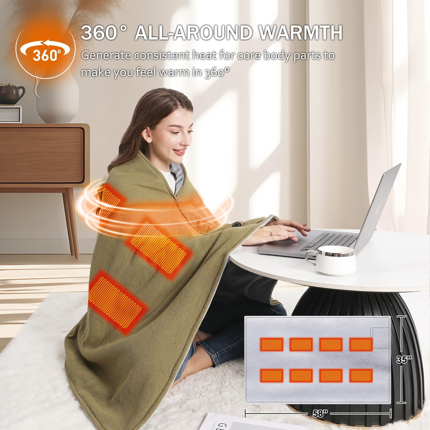 Sherum Portable Soft Zipper Electric Heated Blanket Shawl