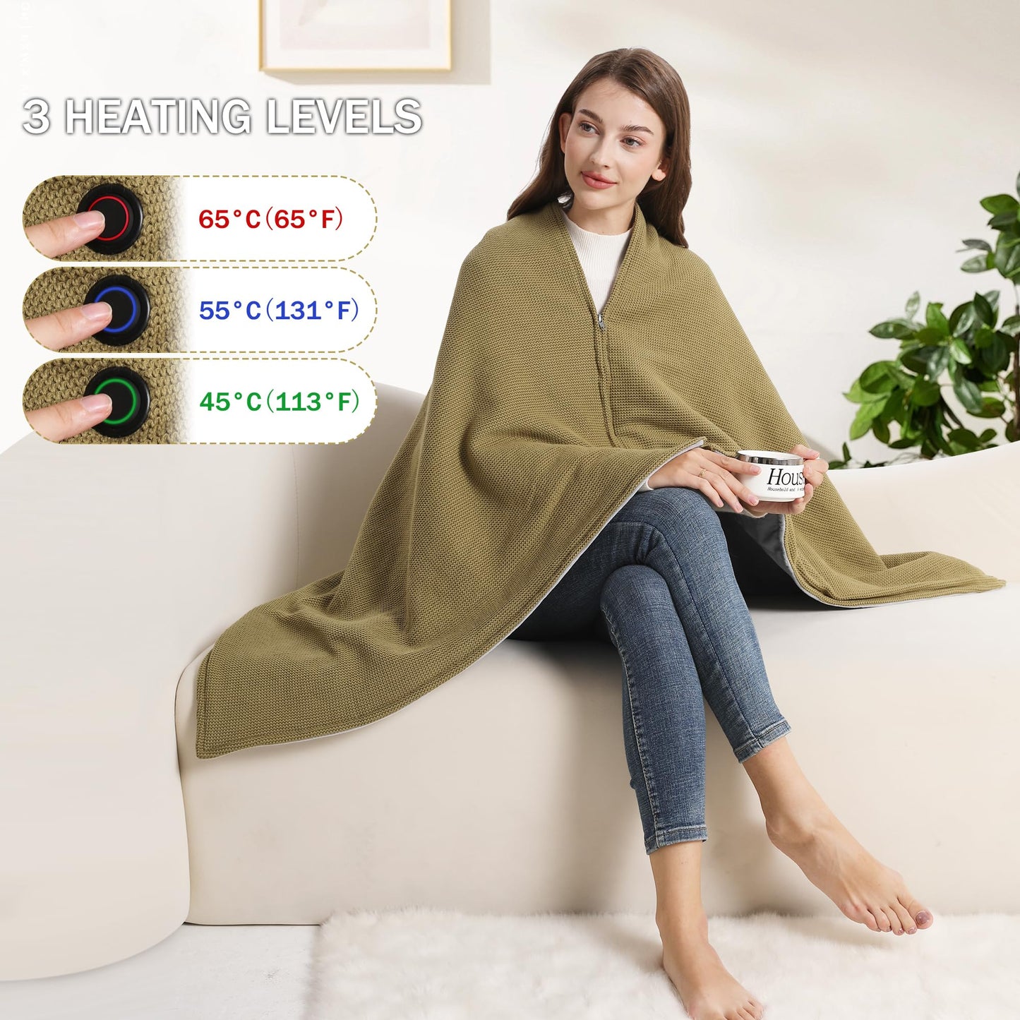 Sherum Portable Soft Zipper Electric Heated Blanket Shawl